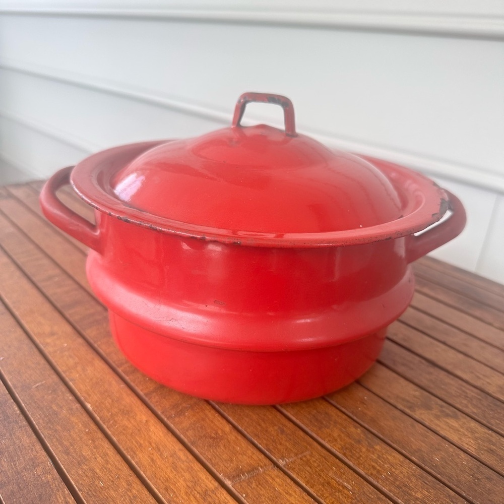 Red enamel pot with lid